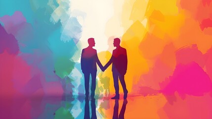 Colorful business partnership illustration with two businessman silhouette shaking hands