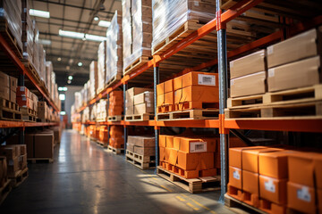Retail warehouse full of shelves with goods in cartons, with pallets and forklifts. Logistics and transportation blurred background. Product distribution center concept - 741021817