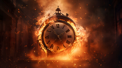 The clock is on fire. Deadline concept. Neural network AI generated art