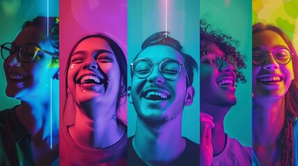 Naklejka premium group of young people smiling on a background of different neon colors in a studio in high resolution and quality