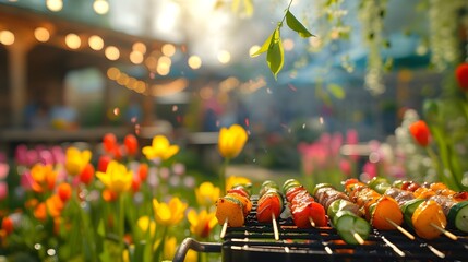 First spring bbq in a yard with skewers and vegetables on a barbecue next to blooming flowers and people in blurred background - obrazy, fototapety, plakaty