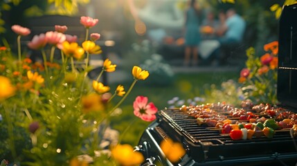 First spring bbq in a yard with skewers and vegetables on a barbecue next to blooming flowers and people in blurred background