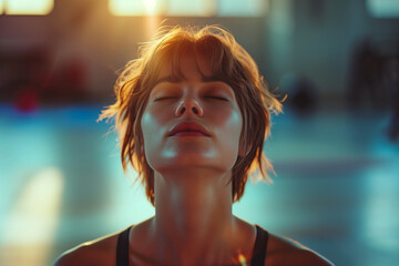 Portrait of a beautiful young woman with closed eyes and relaxing in the gym - 741023087