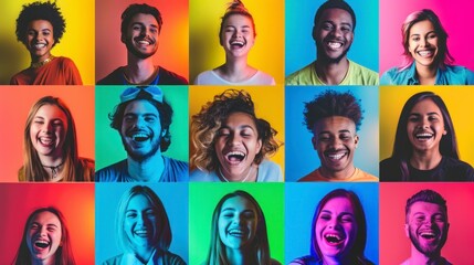 group of young people smiling on a background of different neon colors in a studio in high resolution and high quality. concept happy young people of different ethnicities and cultures and regions