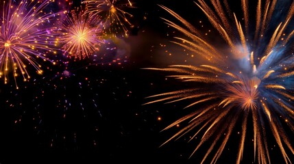 Multiple colored firework shows scattered on a black background, in the style of cartoonish motifs, color gradients, digitally enhanced, art deco sensibilities, vividly bold design.