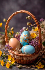 Fototapeta na wymiar The of a photo beautiful easter eggs in a basket decorated wit