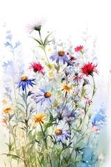 Wild delicate colorful meadow flowers on white background. Watercolor drawing. Beautiful summer watecolor floral card. Botanic illustration. Vertical format. Generated AI.