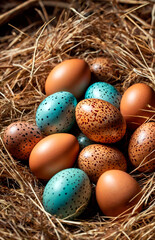 The photo easter chicken eggs between heap of quills happy