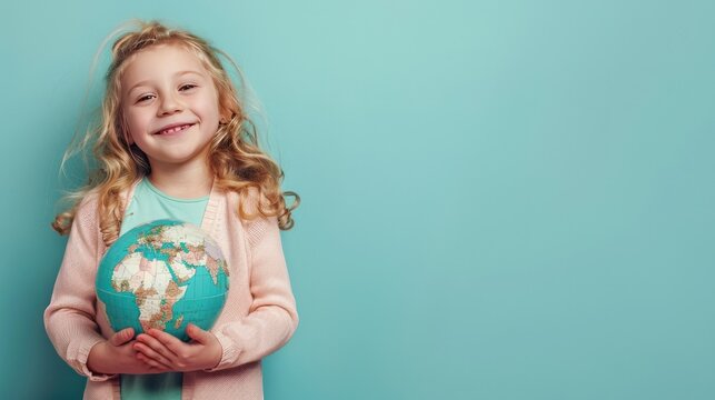 A smiling child holds a globe on a pastel blue background. Copy space. generative AI