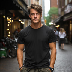 Young man wearing black blank t-shirt and jeans, standing on the street