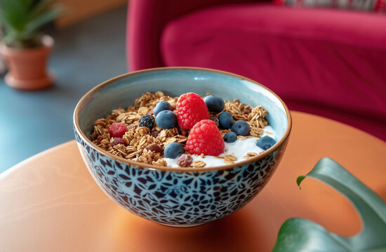 Healthy breakfast. Muesli with strawberries and apple on a black background