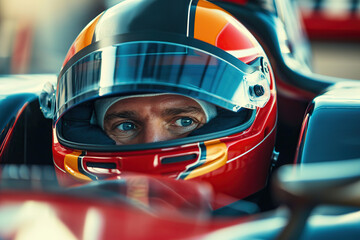 Fototapeta premium Racer wearing helmet and uniform sitting in race car and ready for race