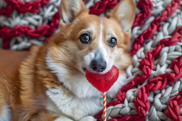 Sweet Paws: Corgi Dog Delighting in a Heart-Shaped Lollipop for Valentine's Day