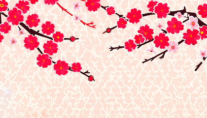 The spring cherry blossoms in a japanese lino cut style