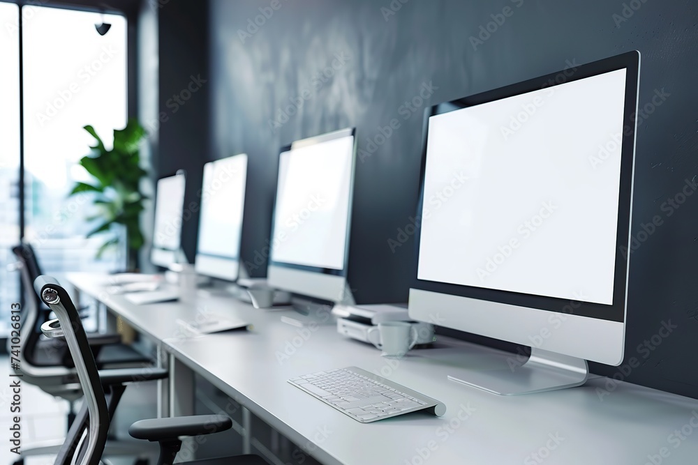 Poster corporate office with modern computers in a row