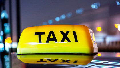 Yellow and black sign of a taxi put on a car at night