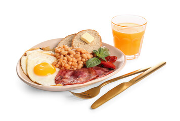 Plate with tasty English breakfast and glass of juice on white background