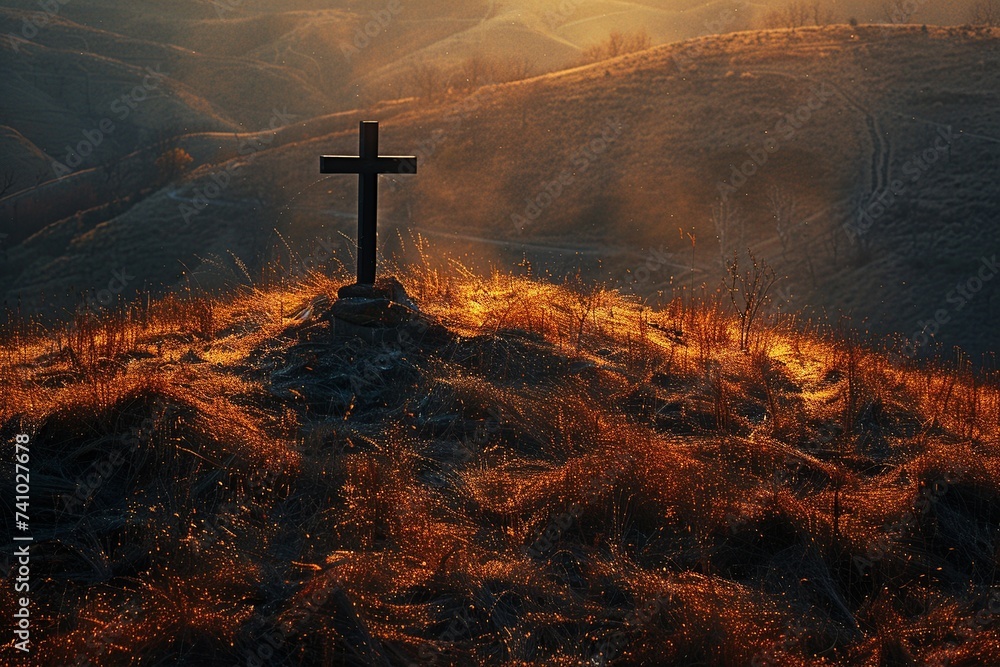 Poster experience a moment of profound solitude and contemplation as the empty cross on the hill is bathed 