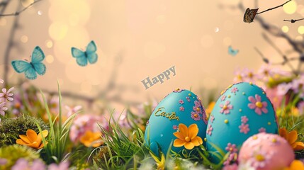 Blue easter eggs in grass and butterflies, in the style of light orange and pink, realistic scenery, light beige and yellow, commission for, spectacular backdrops, yellow and pink, canvas texture. - obrazy, fototapety, plakaty