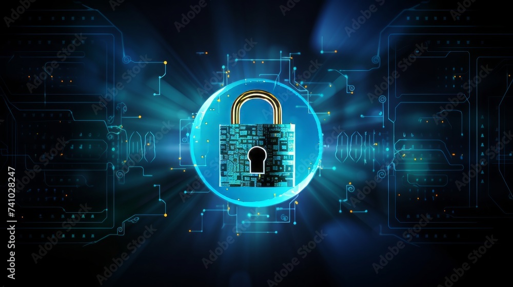 Poster lock digital background, cyber security symbol. neural network ai generated art