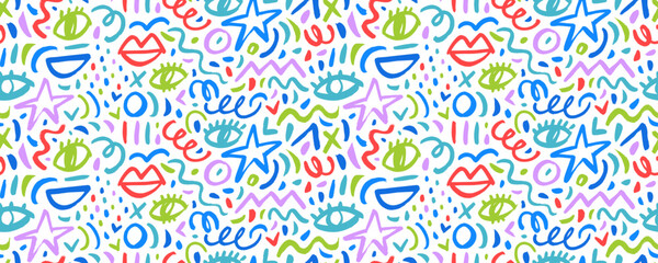 Childish colored seamless banner background with childish doodle shapes. Girly style seamless pattern