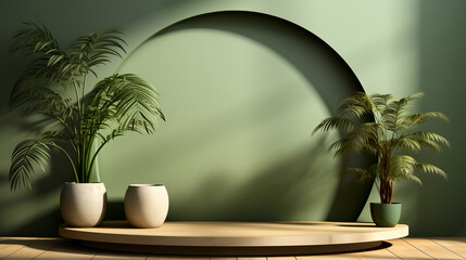 Empty table top wooden counter podium and tropical green plant background with space. Organic product present natural placement pedestal display, spring and summer concept.