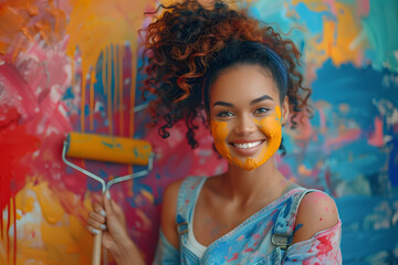 happy woman painting interior wall with paint roller in new house
