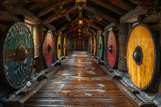Viking hall adorned with shields on the walls