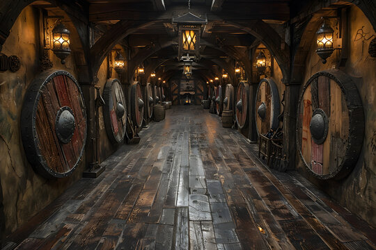 Viking hall adorned with shields on the walls