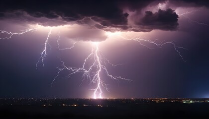 lightning in the night sky, city in the distance 