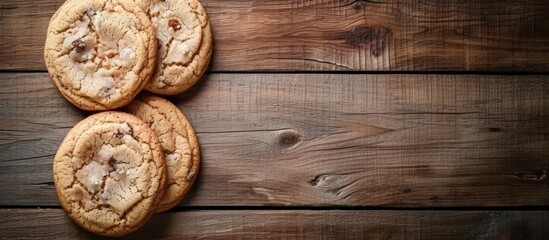 Obraz na płótnie Canvas Three delicious chocolate chip cookies are piled on a wooden table made of hardwood. The table is a staple food ingredient that complements the glutenfree produce