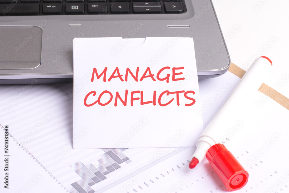 Poster the concept showcases a close-up photograph of a white sheet with the inscription 'manage conflicts'