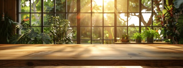 a wooden table in front of a window