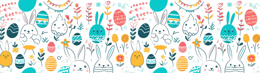 Easter. Cute hand drawn Easter eggs horizontal seamless pattern, fun Easter decoration, great for banners, wallpapers, cards - vector design