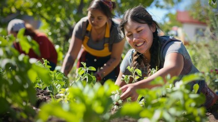 A girl joyfully tends to her garden, adorned in outdoor clothing, as she carefully plants a variety of vegetables and flowers amidst the towering trees, her smile radiating with the love for her gree