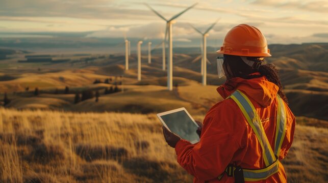 Braving the elements, a fearless woman in her trusty hard hat and orange work jacket stands tall, tablet in hand, amidst the sprawling grass and towering windmills, ready to take on any challenge tha
