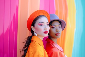 Two Women With Bright Makeup Standing in Front of Colorful Wall. Generative AI