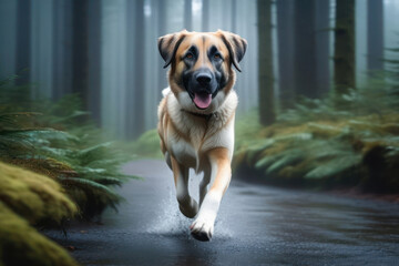 Obraz premium Anatolian Shepherd Dog running in the foggy forest