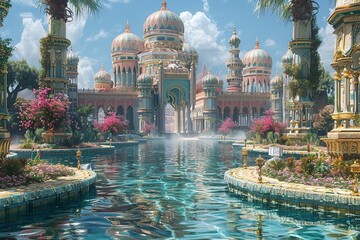 Step into the legendary paradise of Xanadu, where opulence and beauty converge in a utopian landscape of grand palaces, lush gardens, and intricate waterways. Experience timeless splendor amidst majes - obrazy, fototapety, plakaty