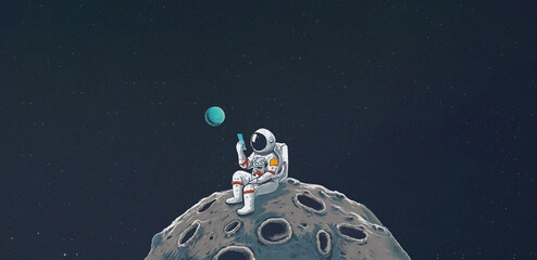 Astronaut sitting on the moon using a smartphone - 741034824