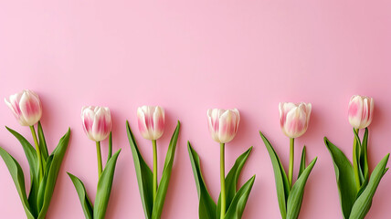 Six light pink tulips on a pastel pink background with space for text. Spring tulip flowers, top view in flat style. Template for spring sale banner, wrapping paper, sticker, computer games.