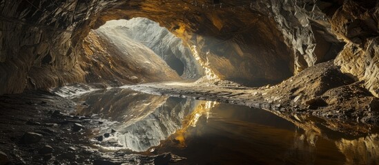 A natural landscape featuring a cave filled with water and rocks, with the sun reflecting on the water
