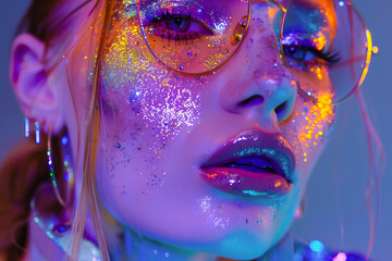 Caucasian young woman wearing neon orange and purple make up glam with shiny glitter a in the style...