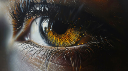 Macro shot of a beautiful woman's eye with long eyelashes. Girl's eye without makeup, close-up of brown eyes.