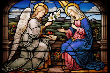 Stained glass window illustrating the Annunciation of the Blessed Virgin Mary. The archangel Gabriel's greeting to Mary.