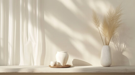 Fototapeta na wymiar Ceramic vase with pampas grass and coffee cup on white shelf in room. Interior design of a bright living room with a white vase on a wooden table. Sample. Minimalism style.