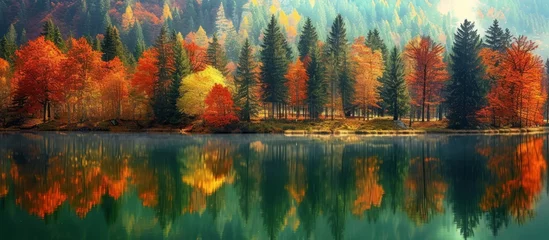 Printed roller blinds Reflection A serene lake in an ecoregion surrounded by autumn trees reflected in the water, creating a stunning natural landscape with vibrant colors