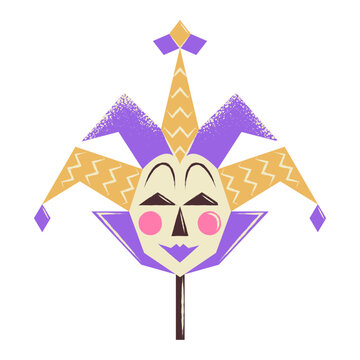 Venetian harlequin mask on a stick. Bright yellow and purple joker mask. Flat vector illustration isolated on white background.