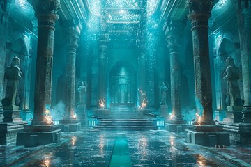 Dive into the depths to behold the mythical lost city of Atlantis, a sunken paradise beneath the waves. Explore grand underwater structures, mysterious ruins, and a sense of ancient glory as underwate - obrazy, fototapety, plakaty