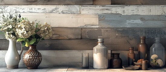 A shelf displays flowerpots, glass bottles, and twigs on it, with a wooden wall as a background. The flooring is made of asphalt, giving a modern touch to the room